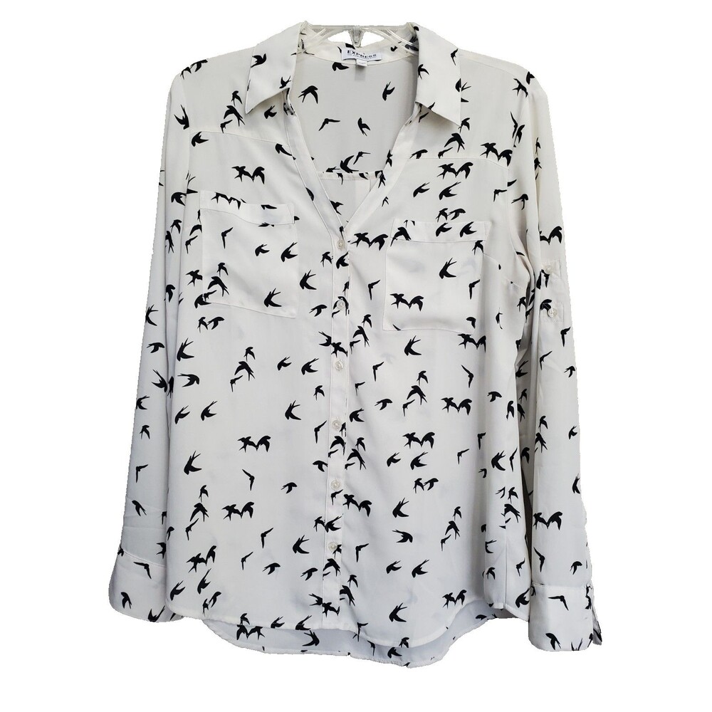 Express Portofino Bird Novelty Print Roll-Tab Sleeve Button-Up Shirt Size MED